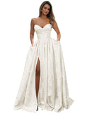 Strapless Prom Dress Jacquard Satin Ball Gown Pleated A Line Long Corset Formal Evening Dresses with Slit Pockets