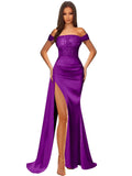 Off Shoulder Sequin Prom Dresses for Women 2027 Long Mermaid Tight Satin Formal Evening Party Dress with Slit