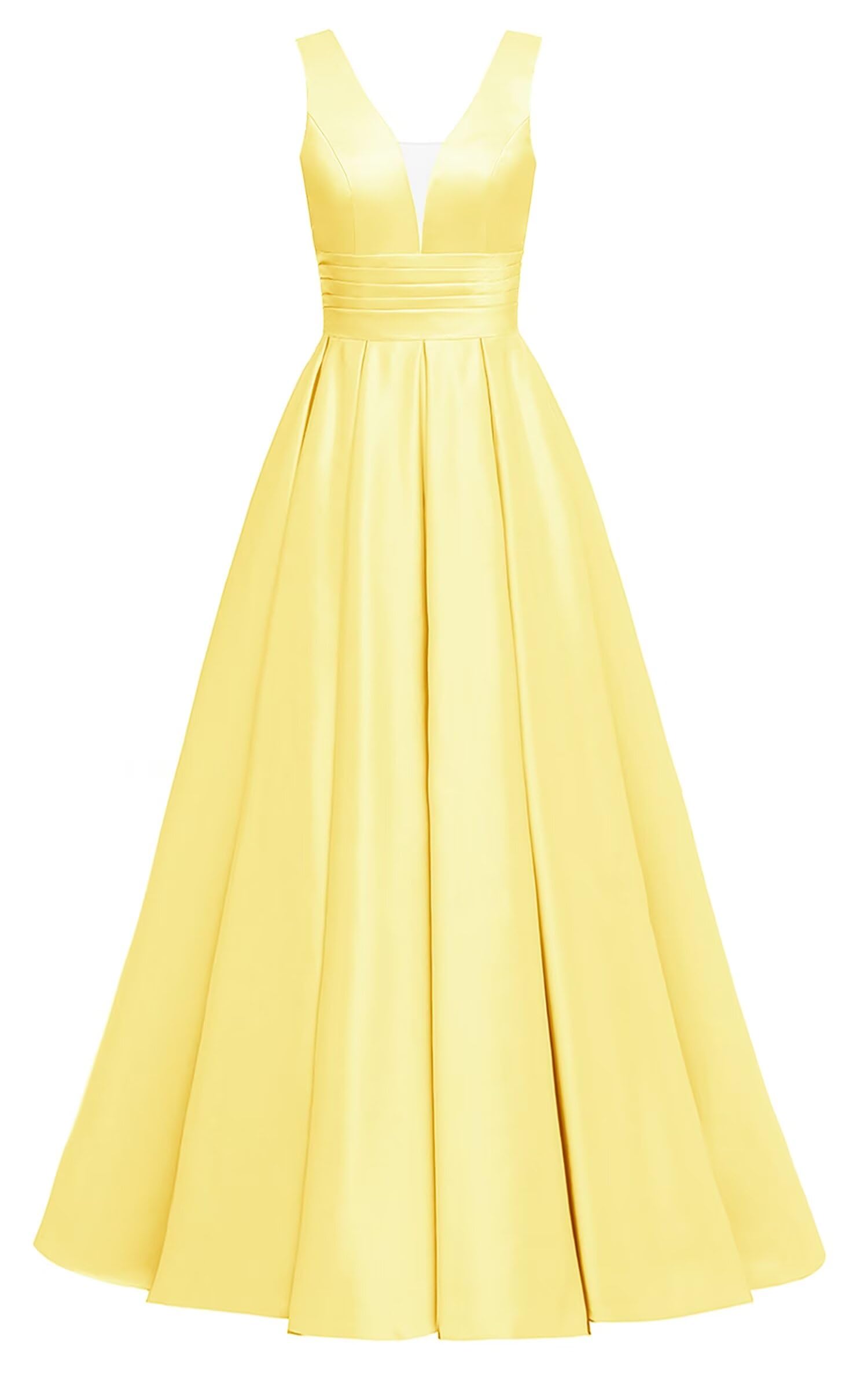 Glitter Satin Prom Dresses for Women Long V Neck A-Line Pleated Formal Evening Party Gowns with Pockets