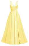 Glitter Satin Prom Dresses for Women Long V Neck A-Line Pleated Formal Evening Party Gowns with Pockets