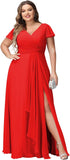Vestidos de dama de honor de talla grande con mangas con volantes y bolsillos, vestido formal largo con escote en V y abertura. 