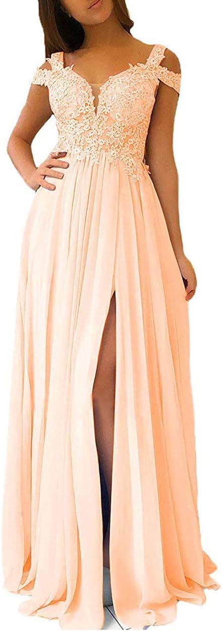 Women's Lace Appliques Prom Dresses Long with Slit Cold Shoulder Formal Party Gown