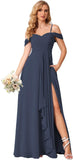 Damen Schulterfreies Brautjungfernkleid Lang mit Schlitz Chiffon Rüschen Falten Formales Partykleid 
