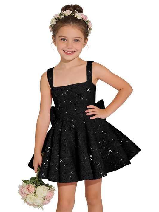 Sparkly Sequin Teen Flower Girl Dresses for Wedding Short Spaghetti Straps Cute Birthday Party Dress with Bow