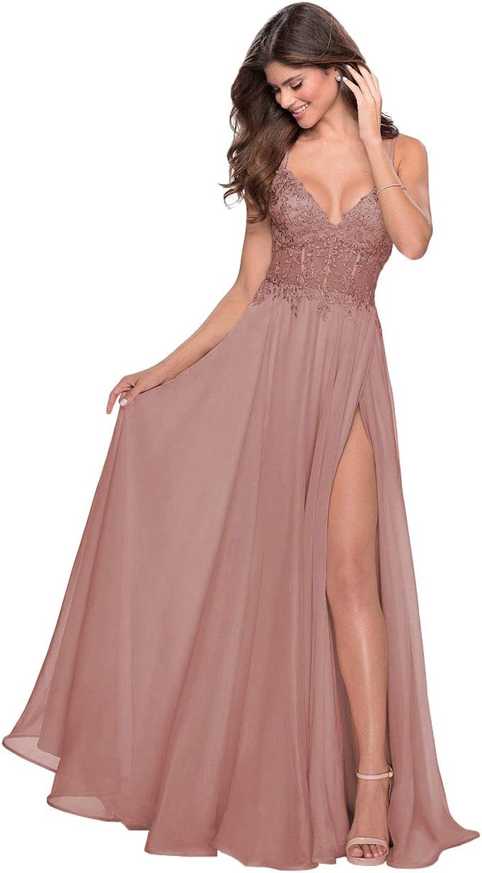 Women's Lace Appliqued Chiffon Prom Dresses Long with Slit Spaghetti Straps V Neck Formal Party Gowns