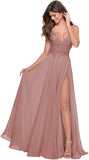 Women's Lace Appliqued Chiffon Prom Dresses Long with Slit Spaghetti Straps V Neck Formal Party Gowns