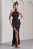 Sequin Mermaid Prom Dresses for Women Long Sparkly Halter-Neck Tight Backless Formal Evening Party Gowns with Slit