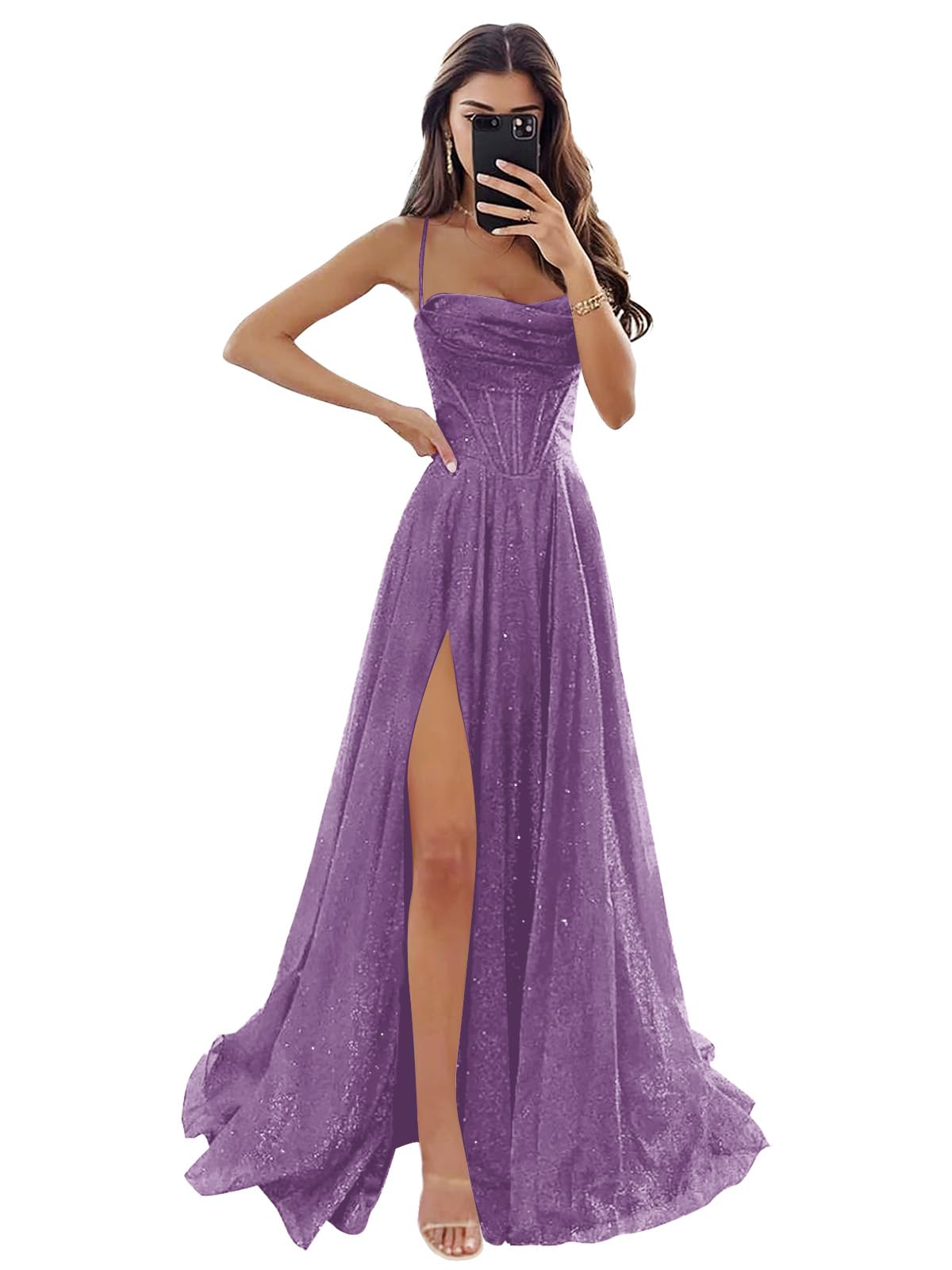 Women's Spaghetti Straps Glitter Tulle Prom Dress with Slit Cowl Neck Long Evening Formal Party Gown