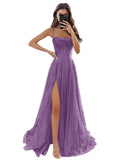 Women's Spaghetti Straps Glitter Tulle Prom Dress with Slit Cowl Neck Long Evening Formal Party Gown