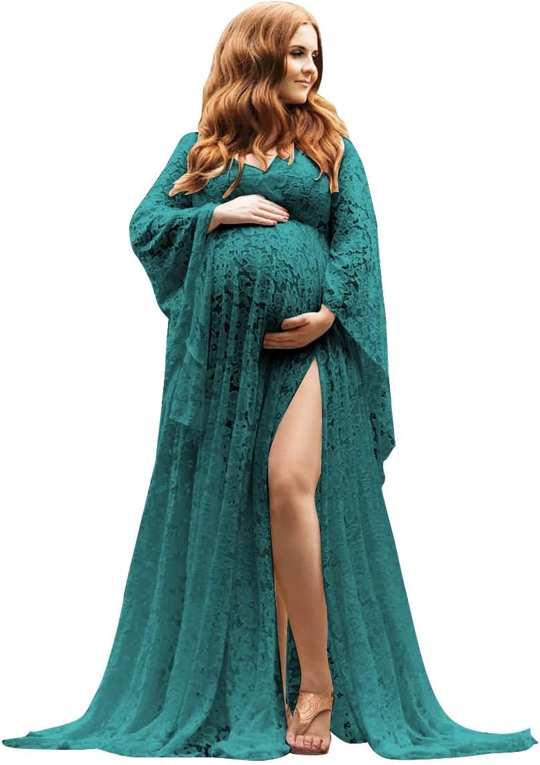 Women's Lace Maternity Dress for Photoshoot Long Puffy Sleeves V Neck Boho Pregnancy Gown for Baby Shower with Slit