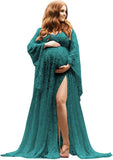 Women's Lace Maternity Dress for Photoshoot Long Puffy Sleeves V Neck Boho Pregnancy Gown for Baby Shower with Slit