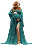 Women's Lace Maternity Dress for Photoshoot Long Puffy Sleeves V Neck Boho Pregnancy Gown for Baby Shower with Slit
