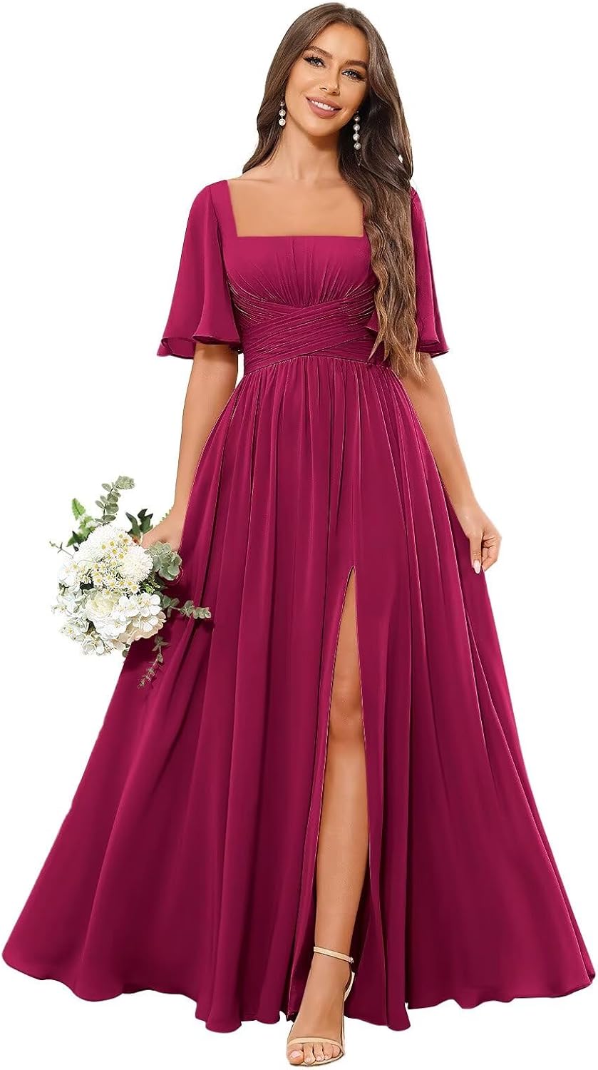 Square Neck Bridesmaid Dresses with Slit Pockets Flutter Sleeve Long Chiffon Formal Wedding Guest Dress