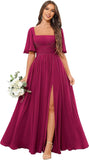 Square Neck Bridesmaid Dresses with Slit Pockets Flutter Sleeve Long Chiffon Formal Wedding Guest Dress