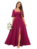 Square Neck Bridesmaid Dresses with Slit Pockets Flutter Sleeve Long Chiffon Formal Wedding Guest Dress