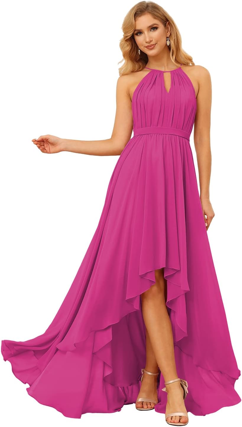 Damen Neckholder Brautjungfernkleider Lang mit Taschen High-Low Falten Formelles Kleid für Hochzeit 