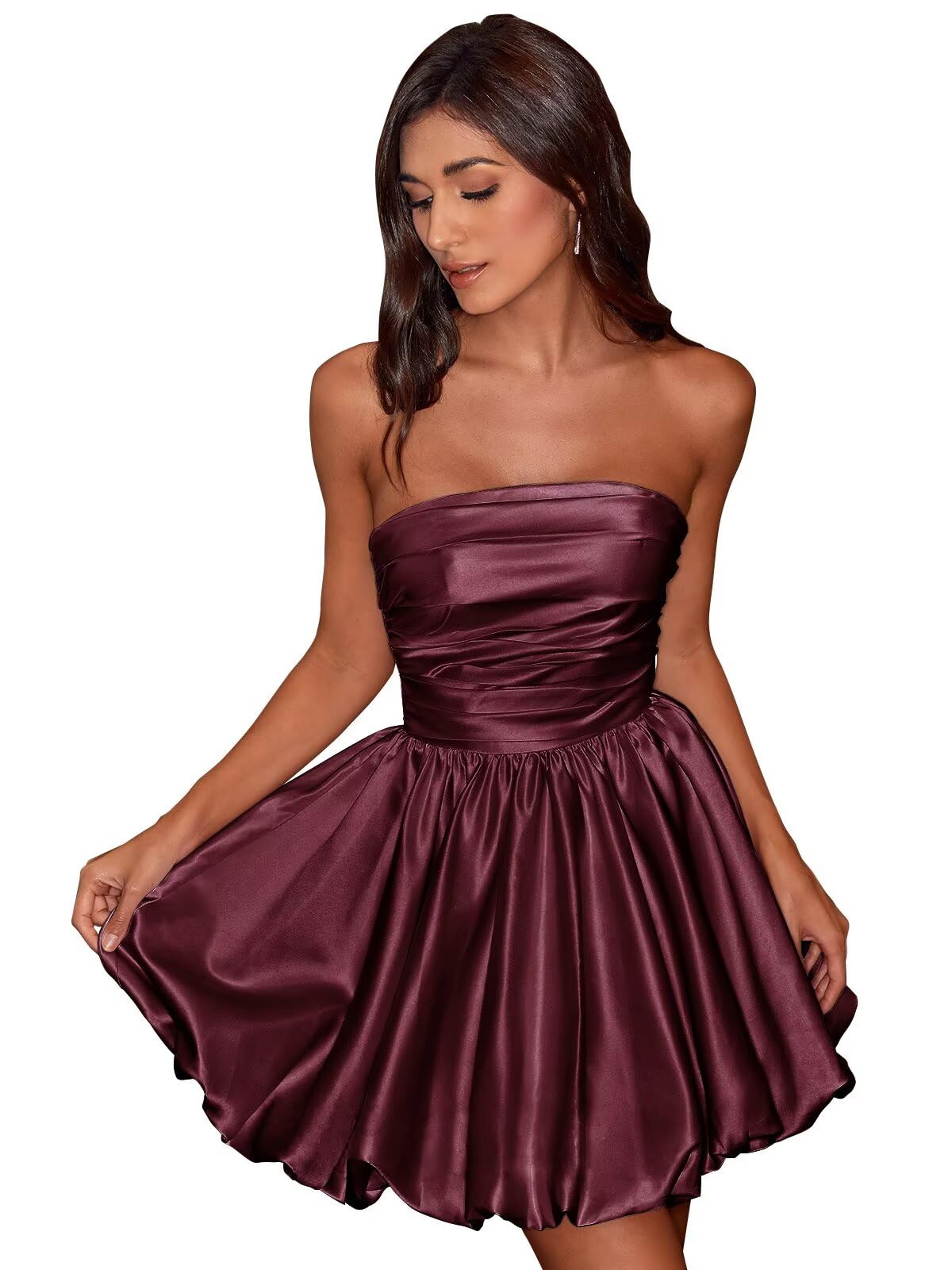 Short Satin A-Line Ruched Homecoming Dresses for Teens Strapless Ruched Mini Formal Cocktail Party Dress