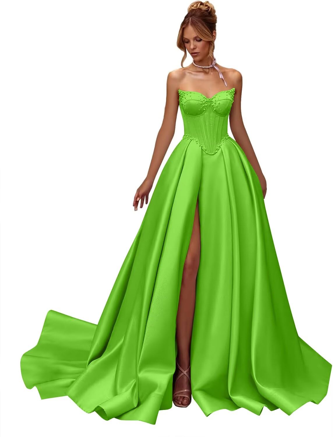 Kingbridal Gowns Strapless Prom Dresses for Women 2026 Long Satin A-line Formal Dress with Slit Beaded Corset Evening Party Gowns