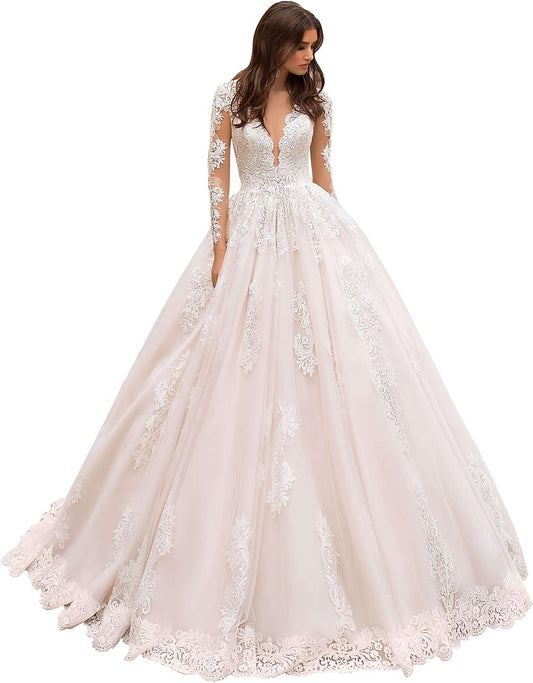 Women's Elegant Lace Beach Wedding Dresses for Bride with Sleeves Wedding Bridal Gowns