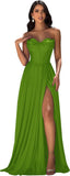 Strapless Prom Dress with Slit Satin A Line Long Ball Gowns for Women Sweetheart Corset Formal Dress with Pockets