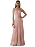 Ruched Strapless Prom Dresses for Women Long A Line Cocktail Dress Pleated Chiffon Formal Wedding Guest Dress