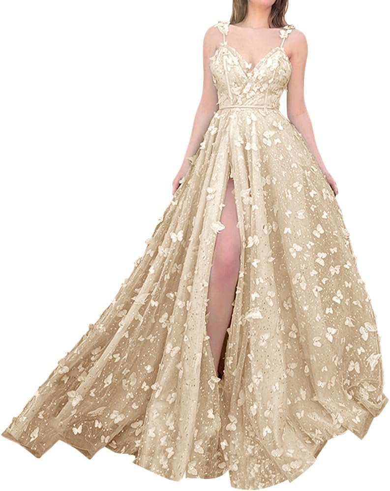 Sparkly Prom Dresses for Teens 2027 3D Butterfly Tulle Spaghetti Straps Long Slit Backless Party Gowns