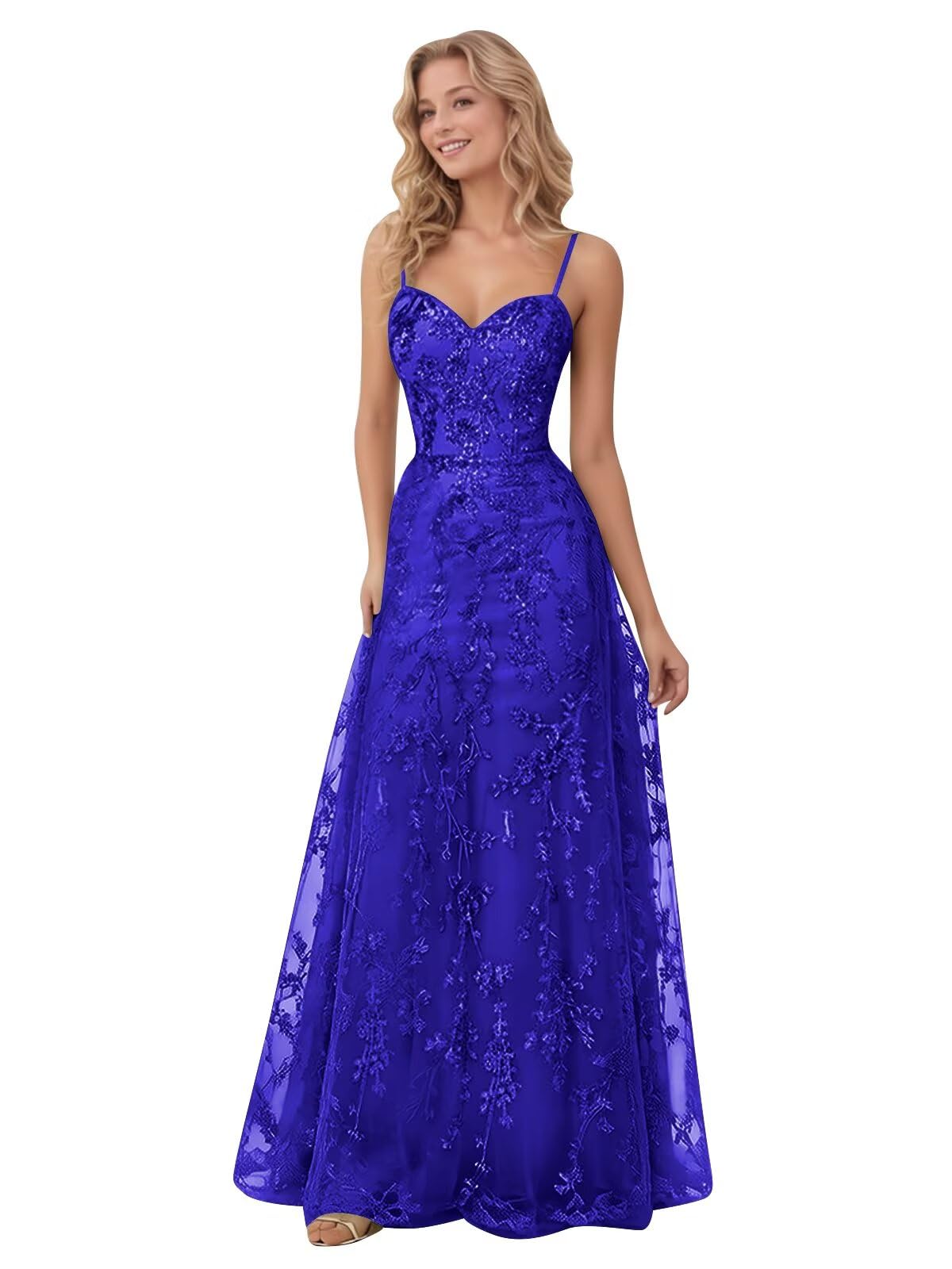 Spaghetti Strap Sparkly Prom Dress for Women Long Tulle Formal Dress Laces Evening Party Gown