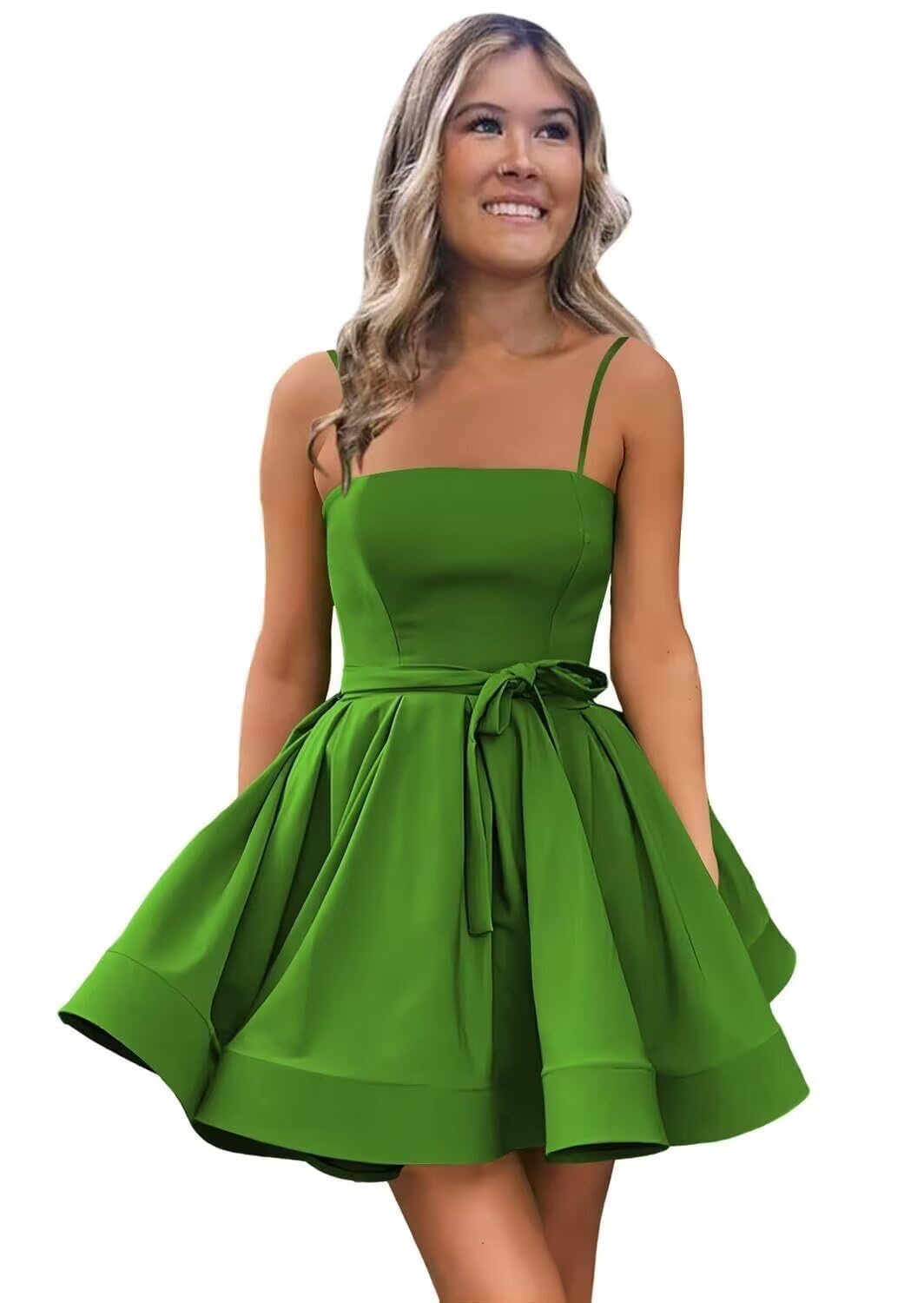 Women’s Short Satin Spaghetti Straps Formal Homecoming Dresses A Line Corset Puffy Prom Gown with Pockets for Teens