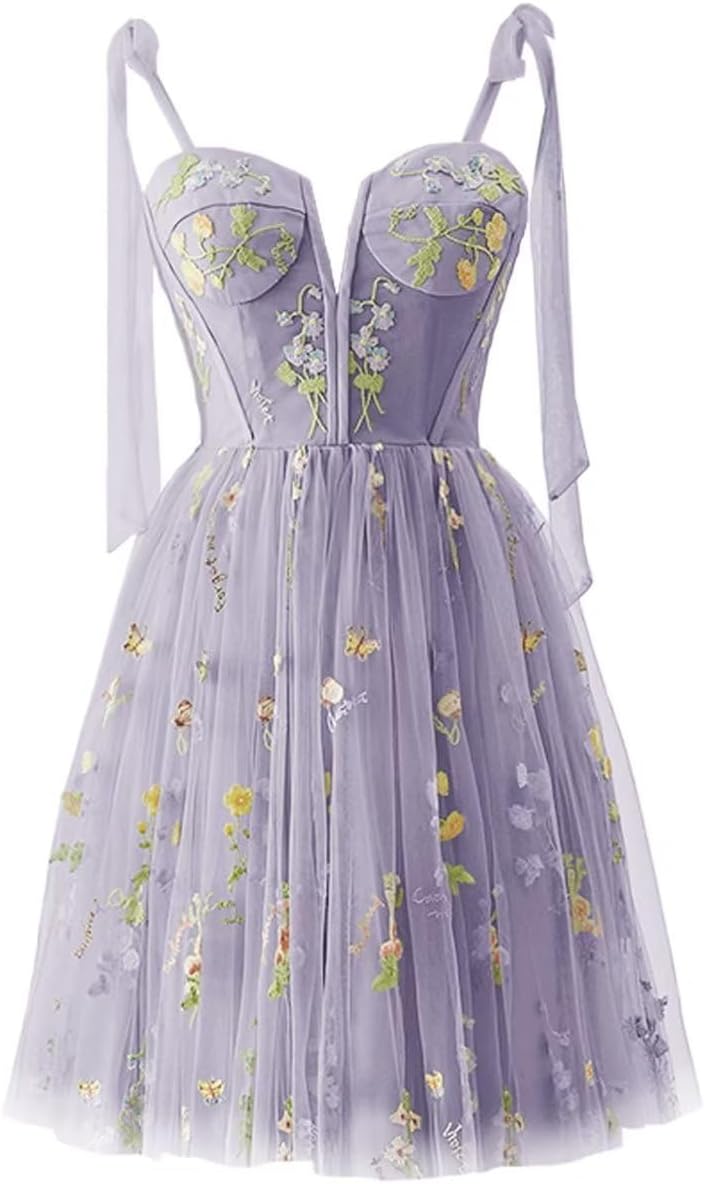 Vestidos de fiesta para mujer, con tirantes finos, cortos, bordados de flores, tul, vestidos formales 