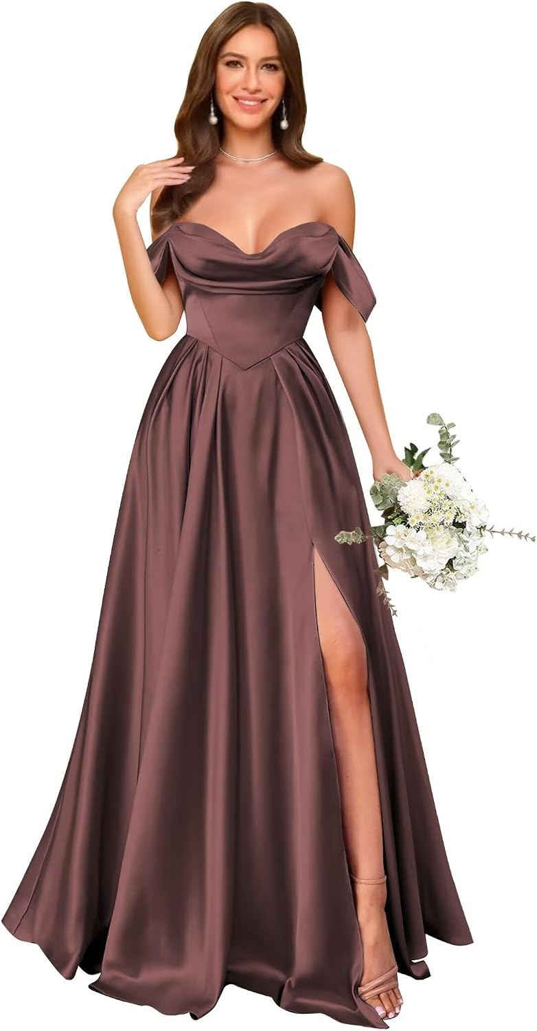 Off Shoulder Satin Bridesmaid Dresses Long Pleated Formal Dresses A Line Evening Gowns with Slit