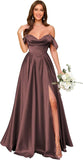 Off Shoulder Satin Bridesmaid Dresses Long Pleated Formal Dresses A Line Evening Gowns with Slit