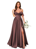 Off Shoulder Satin Bridesmaid Dresses Long Pleated Formal Dresses A Line Evening Gowns with Slit