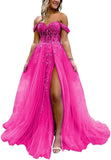 Off The Shoulder Tulle Prom Dress with Laces Applique A-line Slit Long Ball Gowns Glitter Formal Evening Dress