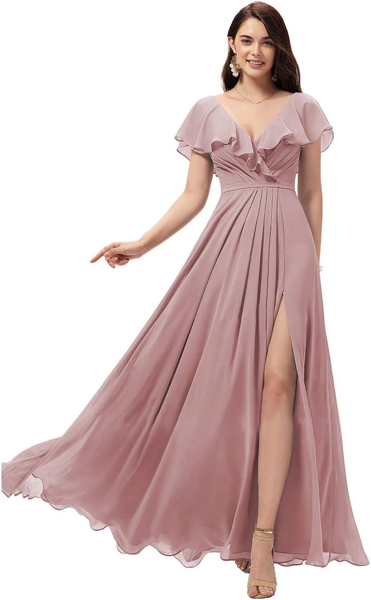 Vestidos de dama de honor largos con escote en V y volantes de gasa para mujer, vestidos de noche formales