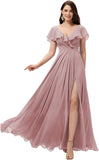 Vestidos de dama de honor largos con escote en V y volantes de gasa para mujer, vestidos de noche formales
