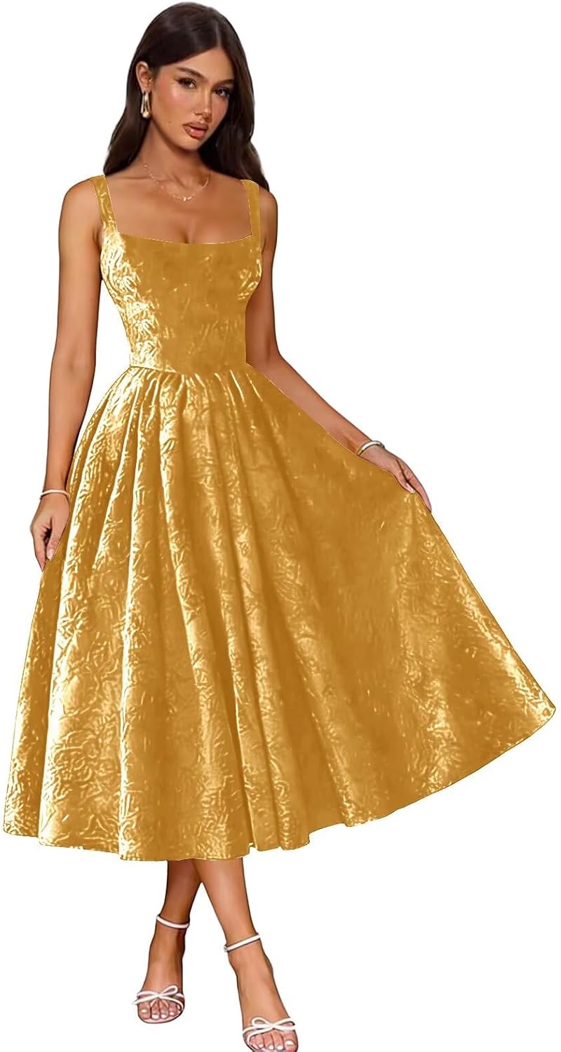 Jacquard Satin Prom Dresses 2026 Floral Square Neck Tea Length Ruched Elegant Formal Ball Gown with Pockets