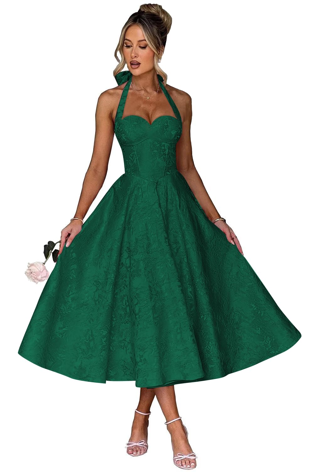 Jacquard Satin Prom Dresses for Women Vintage A-Line Midi Halter Sweetheart Formal Evening Party Gowns with Pockets