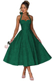 Jacquard Satin Prom Dresses for Women Vintage A-Line Midi Halter Sweetheart Formal Evening Party Gowns with Pockets