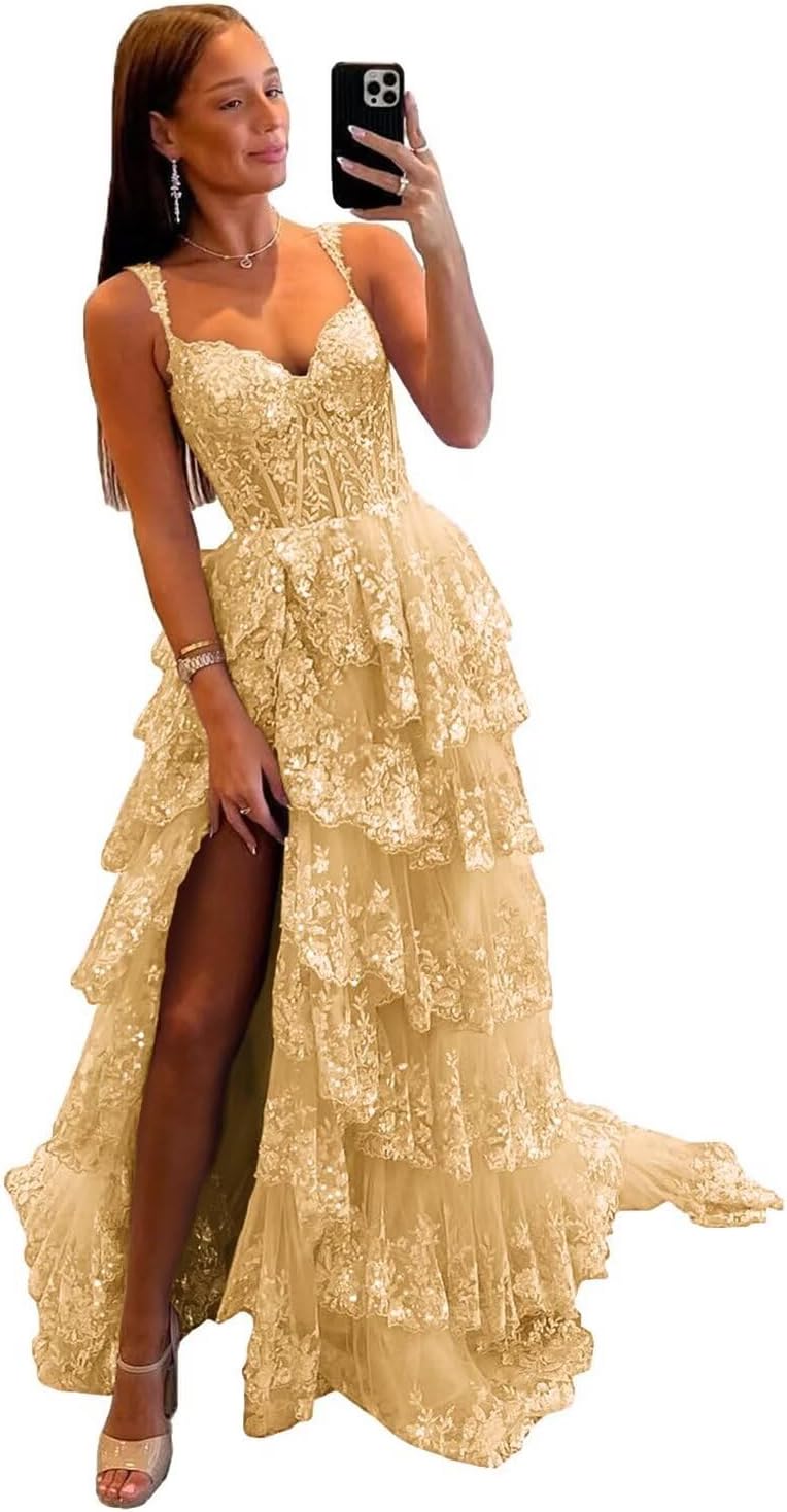 Vestido de fiesta de tul con encaje y capas, tirantes finos y abertura larga, corsé brillante, vestidos formales de fiesta de noche 
