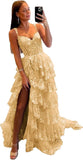 Vestido de fiesta de tul con encaje y capas, tirantes finos y abertura larga, corsé brillante, vestidos formales de fiesta de noche 
