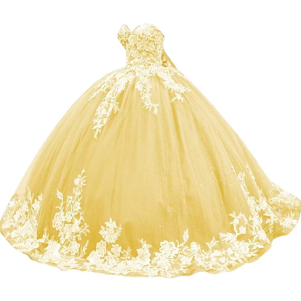 Sparkly Tulle Sweet 15 16 Quinceanera Dress Lace 3D Floral Ball Gown Strapless Puffy Prom Formal Gown