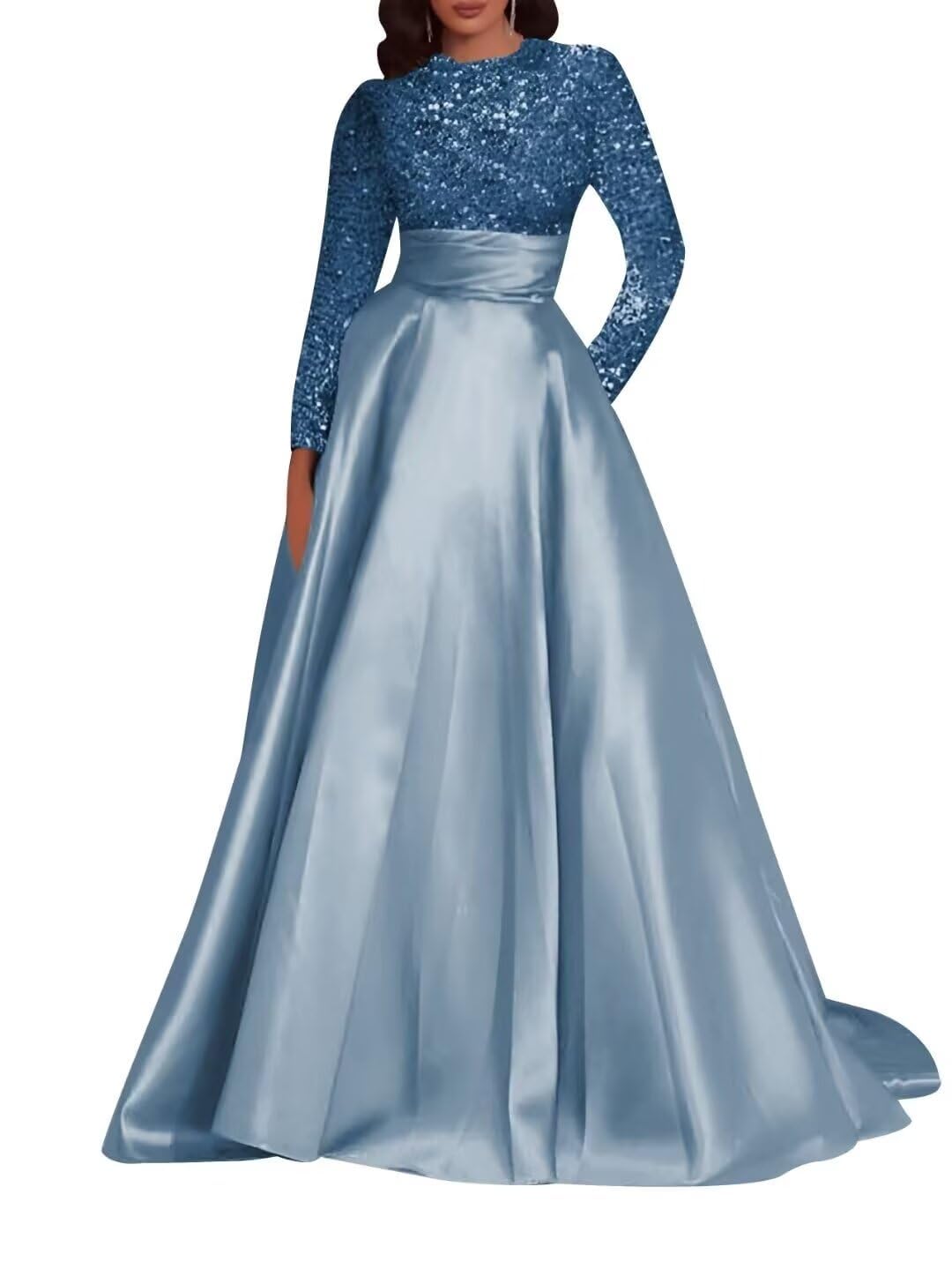 Kingbridal Gowns Long Sleeve Sequin Prom Dresses for Women Satin A-line Formal Dress 2026 Sparkly Evening Party Gowns with Pockets