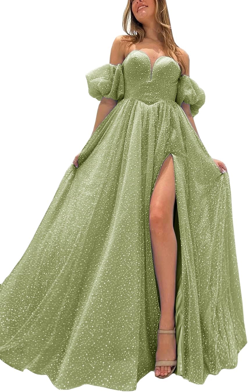 Tulle Prom Dresses for Women 2027 Sparkly Puffy Sleeves Long Ball Gowns with Slit A-Line Evening Dresses