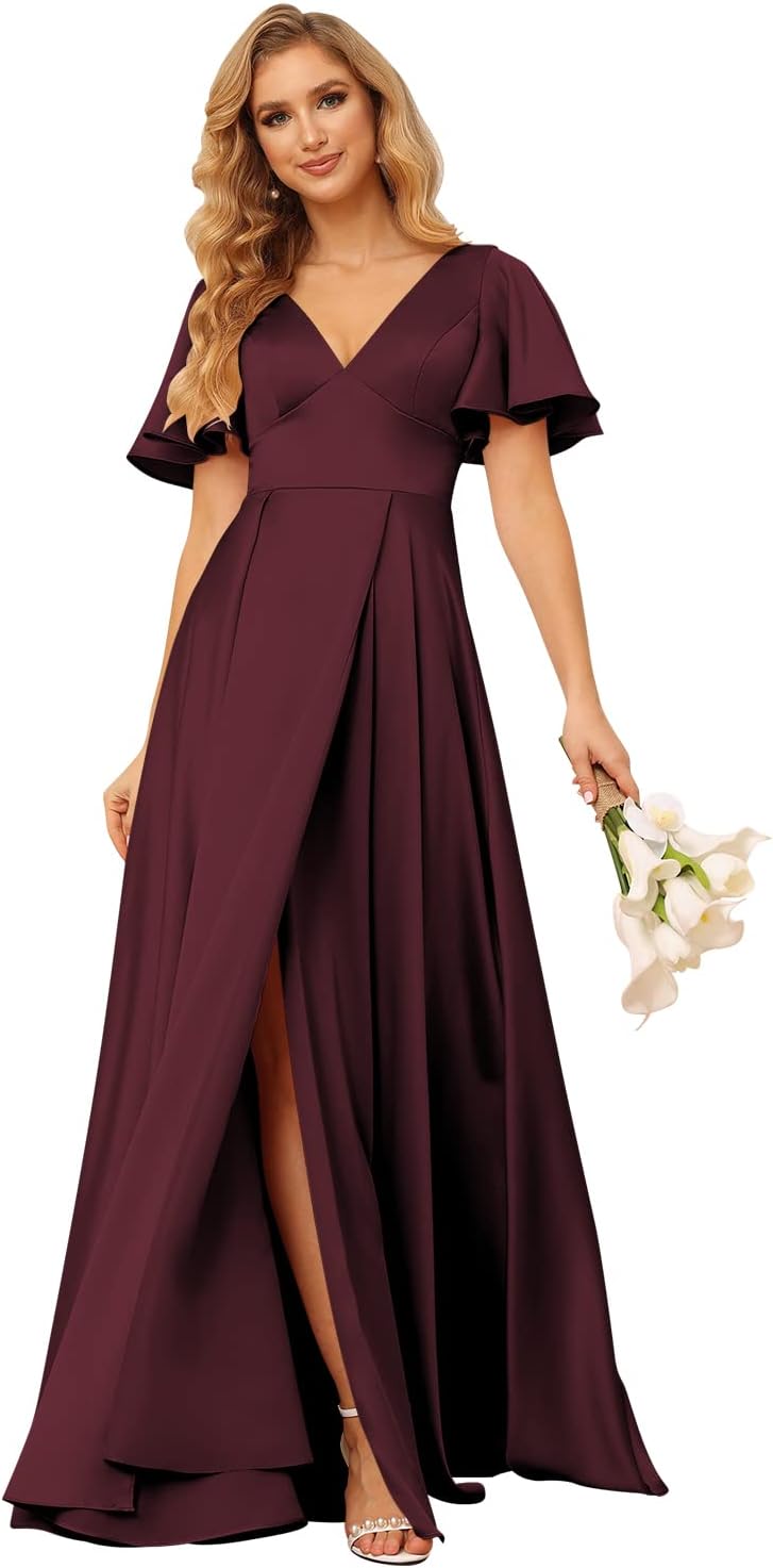 Women's V Neck Ruffle Sleeves Bridesmaid Dresses with Slit 2025 Satin A-Line Formal Evening Gowns