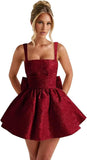 Jacquard Satin Homecoming Dresses for Teens Spaghetti Straps Short Prom Dress A-line Cocktail Party Gowns with Bow