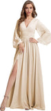 Womens V-Neck Long Sleeve Bridesmaid Dresses with Slit 2024 Ruched A-line Chiffon Prom Formal Dresses
