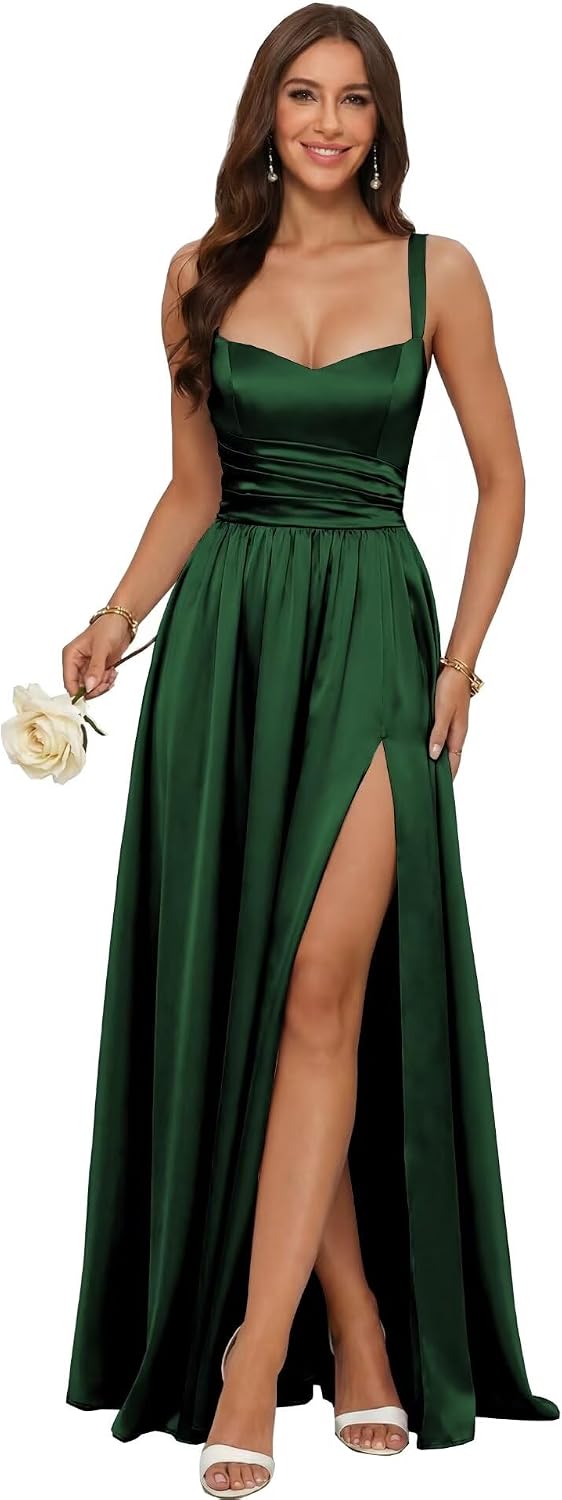Jacquard Satin Prom Dresses with Slit Spaghetti Straps A Line Maxi Long Formal Dress