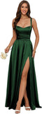 Jacquard Satin Prom Dresses with Slit Spaghetti Straps A Line Maxi Long Formal Dress