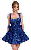Sparkly Sequin Homecoming Dresses for Teens Short Prom Dress Square Neck Bow Formal Cocktail Gowns with Pockets