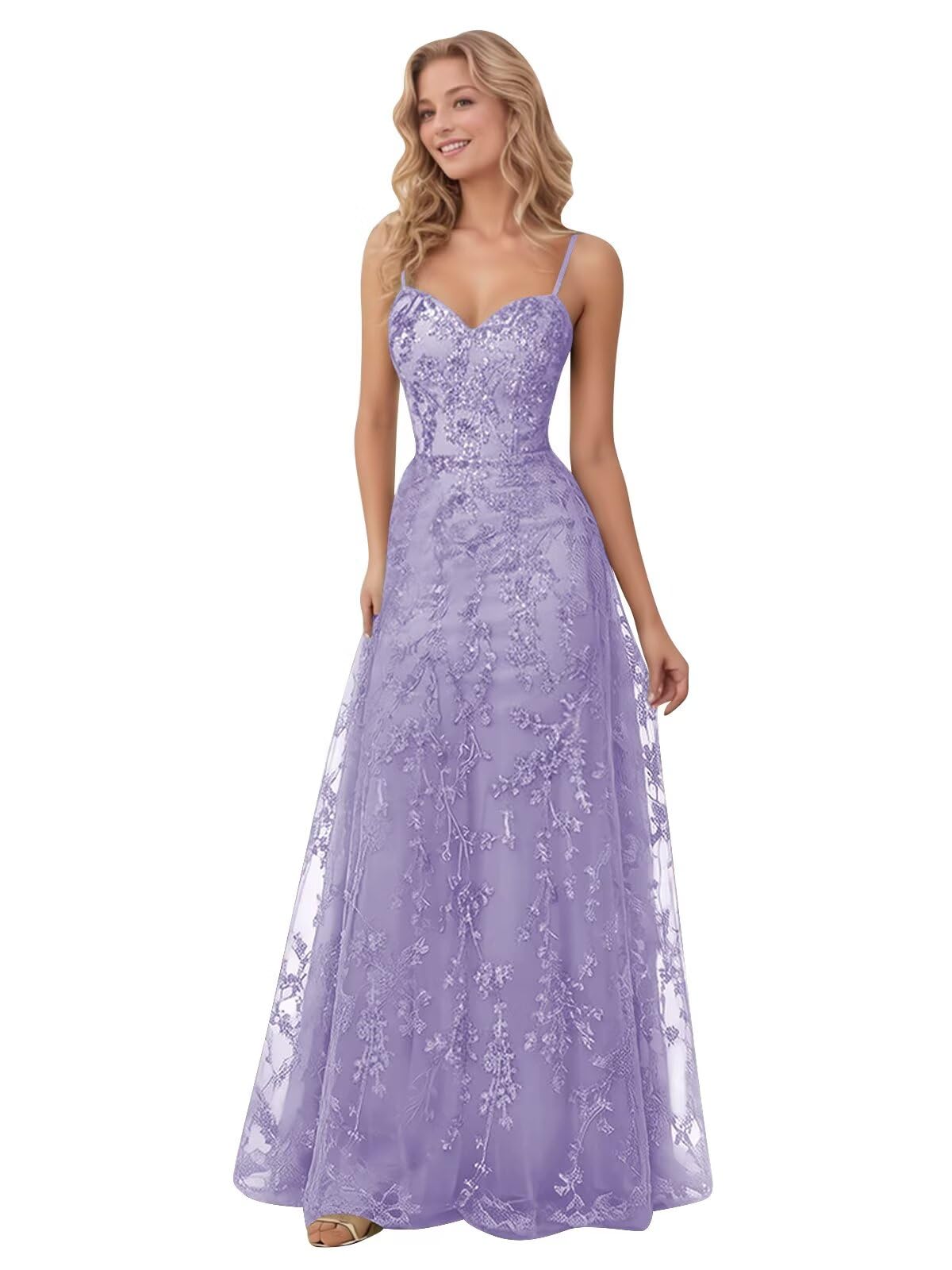 Spaghetti Strap Sparkly Prom Dress for Women Long Tulle Formal Dress Laces Evening Party Gown
